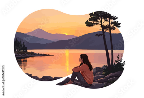 Reflective solitude by the lake at sunset