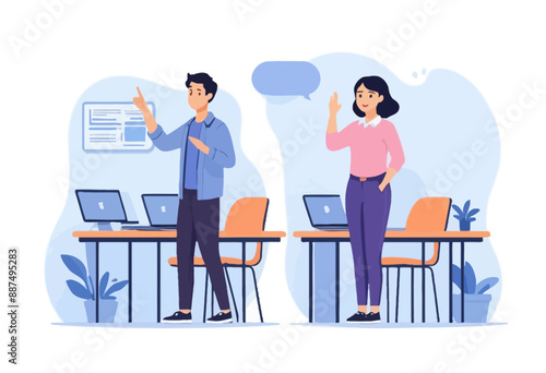 Professional Workspace with Two People Engaging in a Discussion