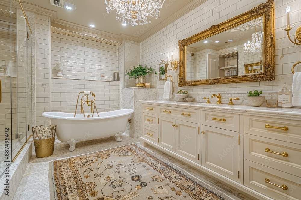 Fototapeta premium Elegant Bathroom A luxurious bathroom with a freestanding tub, marble tiles, and a crystal chandelier. Add a double vanity with gold fixtures and a large mirror. 