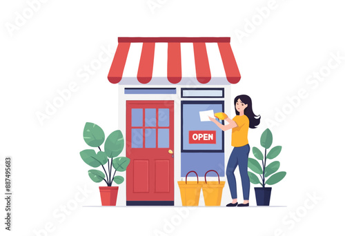 Open Storefront with Woman Handing Paper to Customer