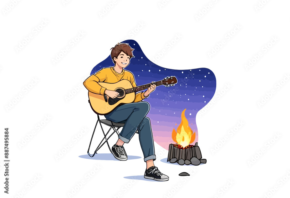 Obraz premium Musician Sitting by Campfire with Guitar, Outdoor Concert Scene
