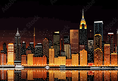 Nighttime Cityscape with Illuminated Buildings and Reflections on Water
