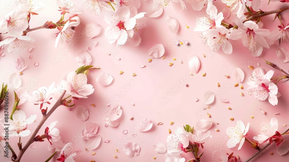 Fototapeta premium Cherry blossom spring layout with floral elements on a pastel pink background