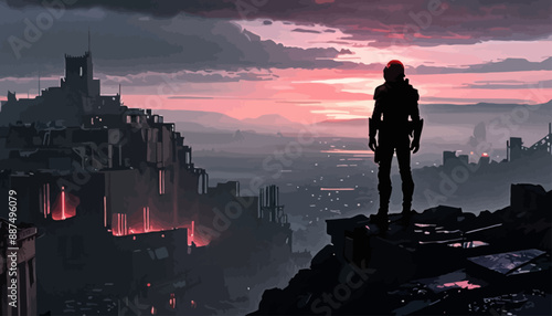Lone figure standing on rocky outcrop overlooking cityscape at sunset