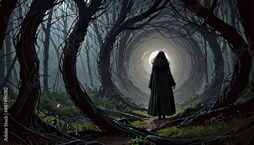Lone Figure in a Forest Labyrinth