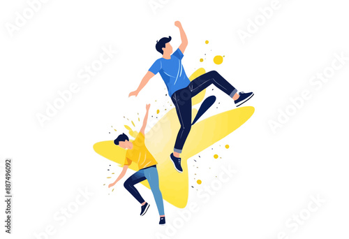 Jumping Men in Yellow and Blue Outfits