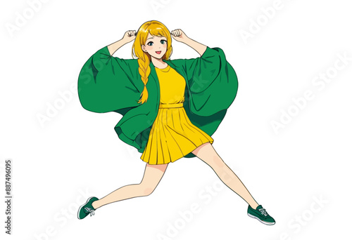 Joyful Woman in Yellow Dress and Green Coat, Celebrating with Hands Raised