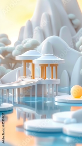 Abstract Futuristic 3D Render Minimalistic Style with Floating Geometric Shapes Isometric Design, Light Color Theme, Bright Background, and Soft Lighting