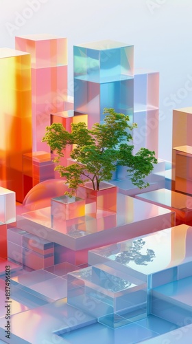 Abstract Futuristic 3D Render Minimalistic Style with Floating Geometric Shapes Isometric Design, Light Color Theme, Bright Background, and Soft Lighting