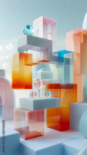 Abstract Futuristic 3D Render Minimalistic Style with Floating Geometric Shapes Isometric Design, Light Color Theme, Bright Background, and Soft Lighting