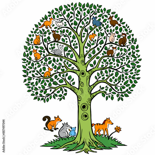 Friendly Animals Gathering Around a Tree