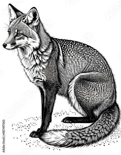 Fox in profile, standing on all fours, with detailed fur texture and spots, black and white, artistic illustration