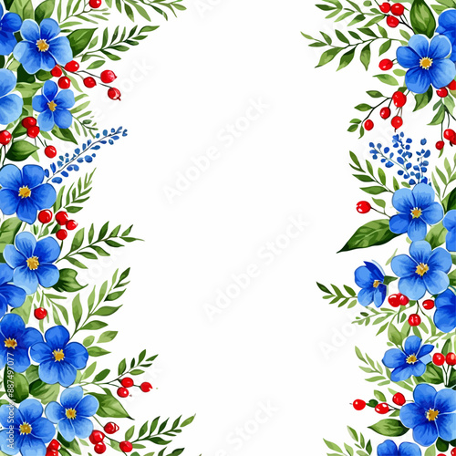 Floral Border with Blue Flowers and Red Berries