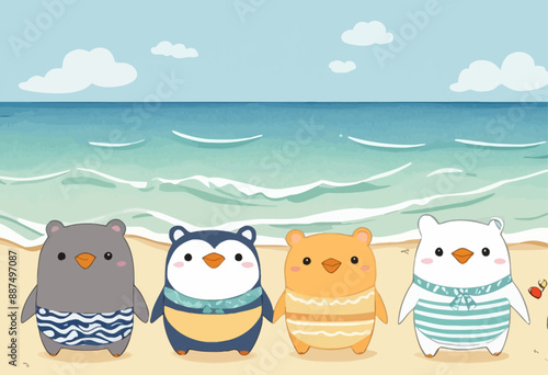 Five cartoon animals standing on a beach