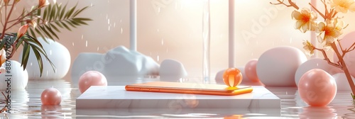 Abstract Futuristic 3D Render Minimalistic Style with Floating Geometric Shapes Isometric Design, Light Color Theme, Bright Background, and Soft Lighting