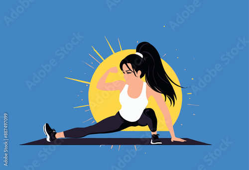 Fitness Focus: Woman in Yoga Pose with Sunburst Background
