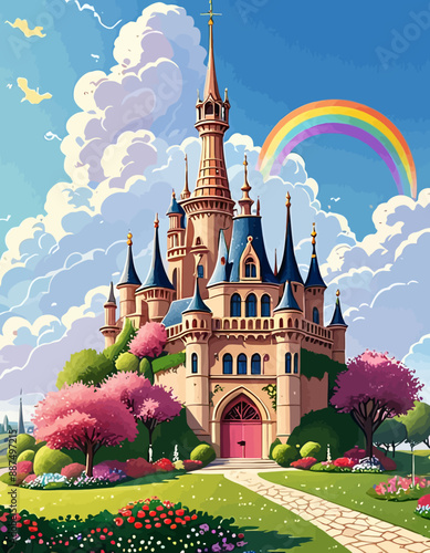Fantasy Castle with Rainbow Sky