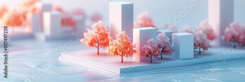 Abstract Futuristic 3D Render Minimalistic Style with Floating Geometric Shapes Isometric Design, Light Color Theme, Bright Background, and Soft Lighting