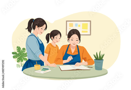 Family Time: Mother and Daughters Working Together