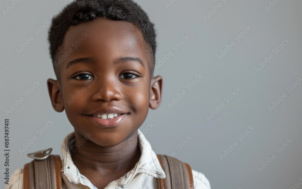 A young African American schoolboy, wearing a white shirt and brown backpack, smiles broadly at the camera A young African American schoolboy, wearing a white shirt and brown backpack, smiles broadly at the camera