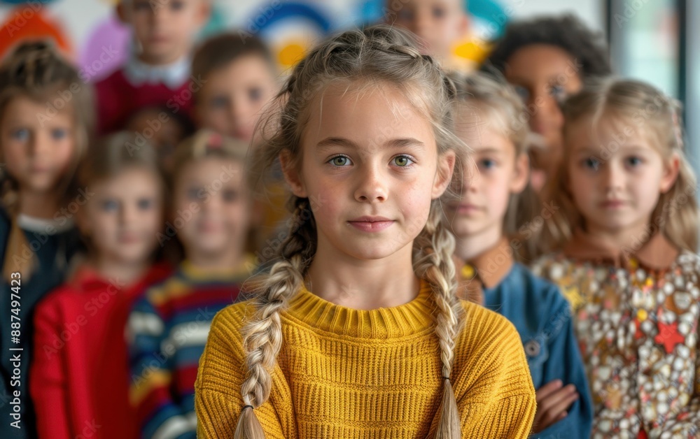 A group of diverse junior school students stand together in a classroom, with a young girl in the front wearing a yellow sweater and looking directly at the camera A group of diverse junior school students stand together in a classroom, with a young girl in the front wearing a yellow sweater and looking directly at the camera