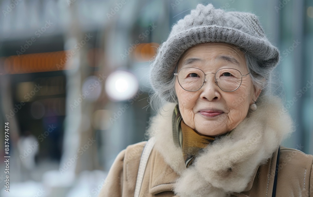 A smiling elderly Asian woman wearing a winter hat and coat, standing in an urban environment A smiling elderly Asian woman wearing a winter hat and coat, standing in an urban environment