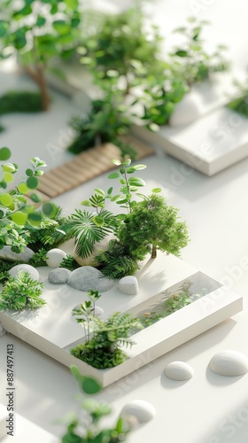 Abstract Futuristic 3D Render Minimalistic Style with Floating Geometric Shapes Isometric Design, Light Color Theme, Bright Background, and Soft Lighting