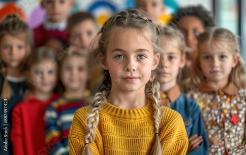 A group of diverse junior school students stand together in a classroom, with a young girl in the front wearing a yellow sweater and looking directly at the camera