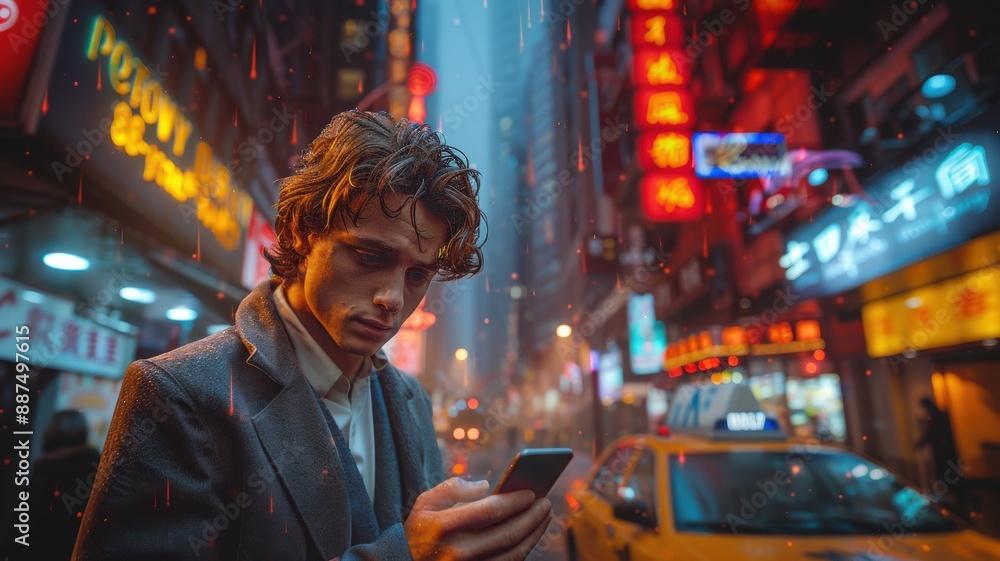 Young man in a gray coat looking at smartphone under neon lights on a rainy night in vibrant urban city street with yellow taxiurban night Young man in a gray coat looking at smartphone under neon lights on a rainy night in vibrant urban city street with yellow taxiurban night