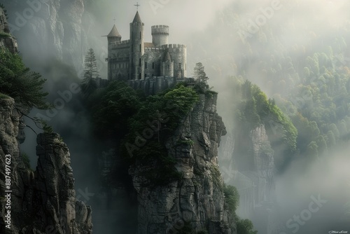 An ancient castle perched on a cliffside, surrounded by misty forests