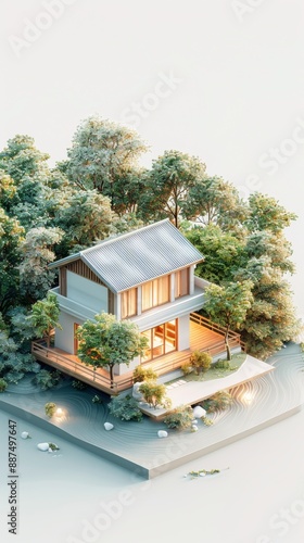 Abstract Futuristic 3D Render Minimalistic Style with Floating Geometric Shapes Isometric Design, Light Color Theme, Bright Background, and Soft Lighting