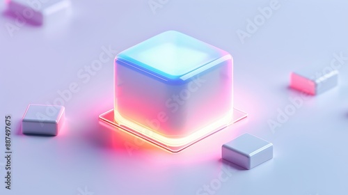 Abstract Futuristic 3D Render Minimalistic Style with Floating Geometric Shapes Isometric Design, Light Color Theme, Bright Background, and Soft Lighting