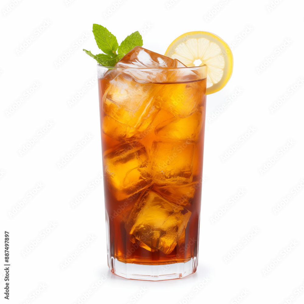 Chilled Iced Tea with Lemon Slice and Mint in a Clear Glass on White Background Chilled Iced Tea with Lemon Slice and Mint in a Clear Glass on White Background