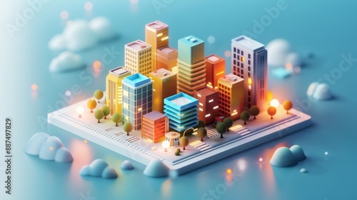 Abstract Futuristic 3D Render Minimalistic Style with Floating Geometric Shapes Isometric Design, Light Color Theme, Bright Background, and Soft Lighting