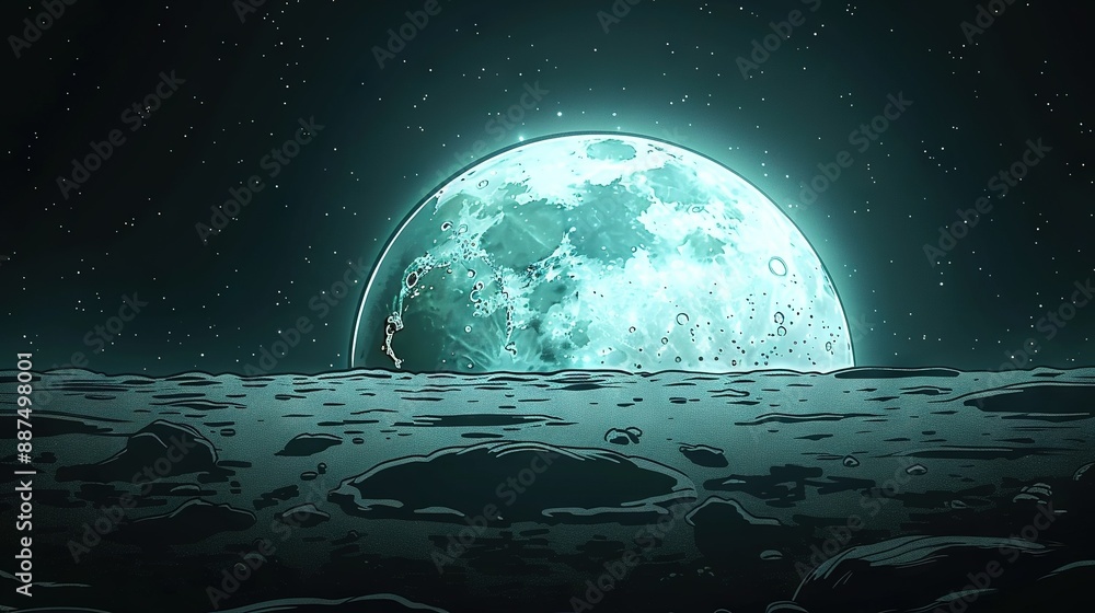 Fototapeta premium A man stands on the moon's surface, gazing at another man far away on the same celestial body