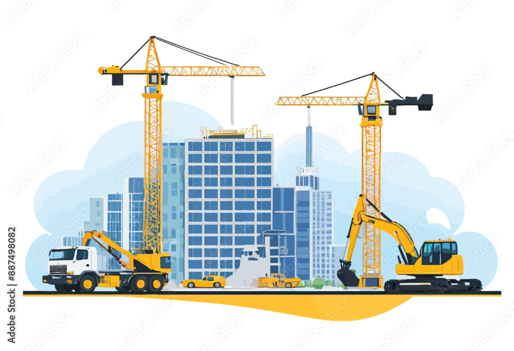Construction Site with Cranes and Trucks in Front of Tall Buildings Construction Site with Cranes and Trucks in Front of Tall Buildings