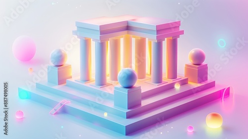 Abstract Futuristic 3D Render Minimalistic Style with Floating Geometric Shapes Isometric Design, Light Color Theme, Bright Background, and Soft Lighting