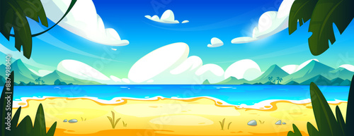 Tropical lagoon landscape with sandy beach and palm trees. Vector cartoon illustration of exotic summer island scenery, waves washing coast, mountains on horizon, clouds in blue sunny sky above water