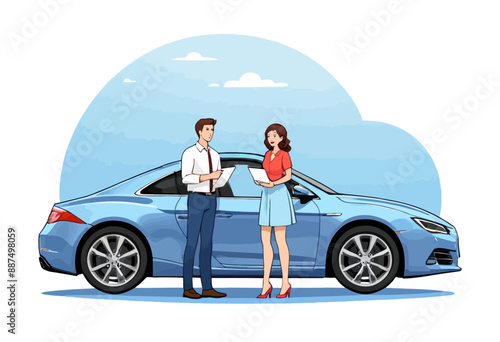 Couple Standing Next to Blue Car, Sharing a Smile