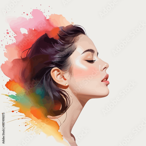 Contemplative Woman with Colorful Abstract Background