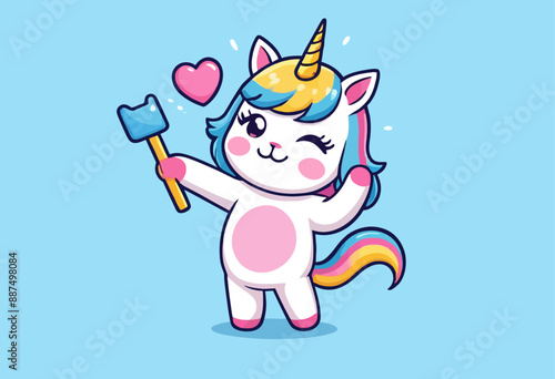 Colorful Unicorn Character with Heart and Stick