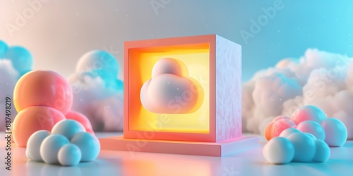 Abstract Futuristic 3D Render Minimalistic Style with Floating Geometric Shapes Isometric Design, Light Color Theme, Bright Background, and Soft Lighting