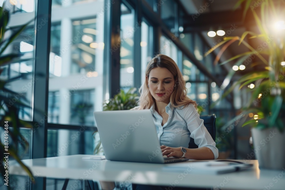 A person sitting at a desk with a laptop, perfect for office or home use A person sitting at a desk with a laptop, perfect for office or home use