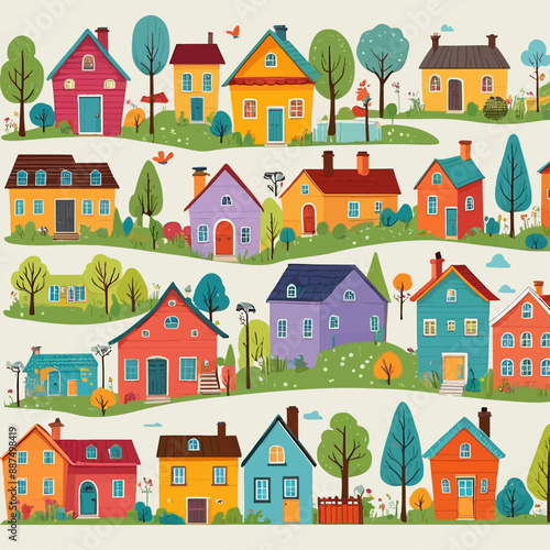 Colorful Cartoon Houses in a Row