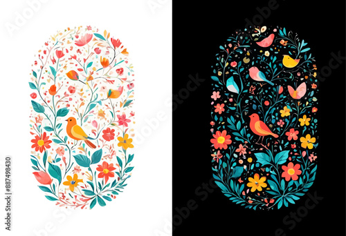 Colorful Birds and Flowers on Black Background
