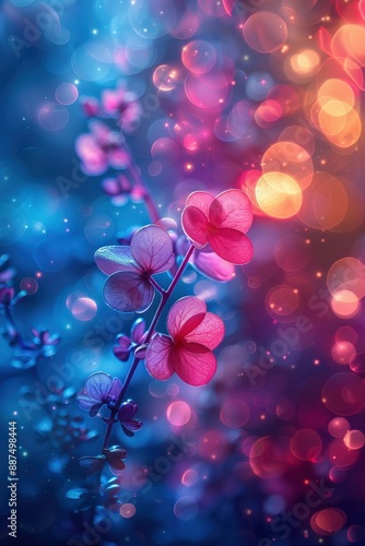 Vibrant Colorful Floral Close-Up with Beautiful Pink and Purple Flowers Against Bokeh Lights in a Dreamy Magical Backgrounddreamy photo