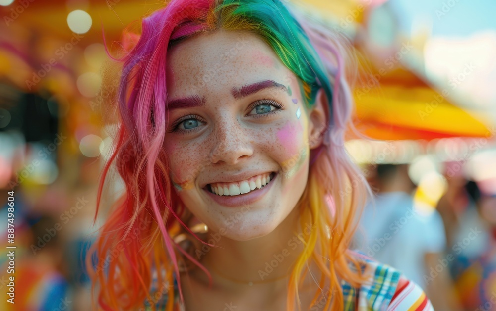 A smiling, teenage girl with rainbow hair stands in front of a blurred carnival background A smiling, teenage girl with rainbow hair stands in front of a blurred carnival background