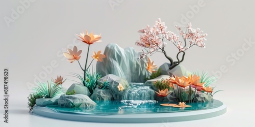 Abstract Futuristic 3D Render Minimalistic Style with Floating Geometric Shapes Isometric Design, Light Color Theme, Bright Background, and Soft Lighting