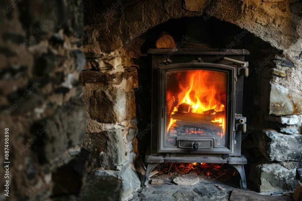 Close up Wood Burning Stove in Stone Walled Room Close up Wood Burning Stove in Stone Walled Room