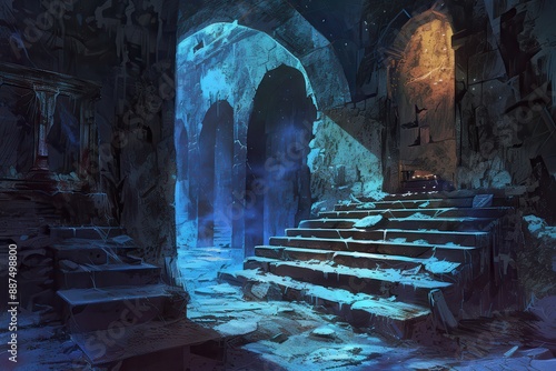 Ancient temple ruins with glowing blue crystals and stone steps photo